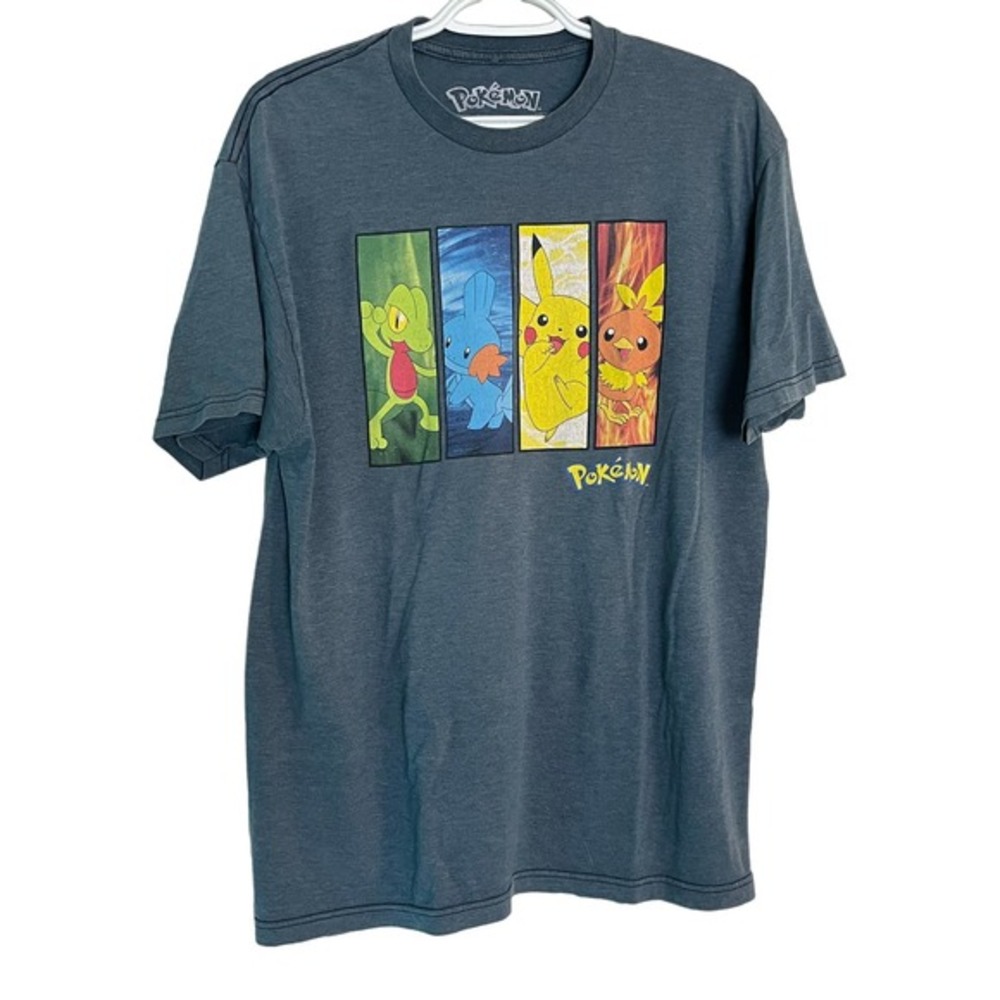 Pokemon T shirt Nintendo Heather‎ Blue Large Soft Pikachu Mudkip Graphic